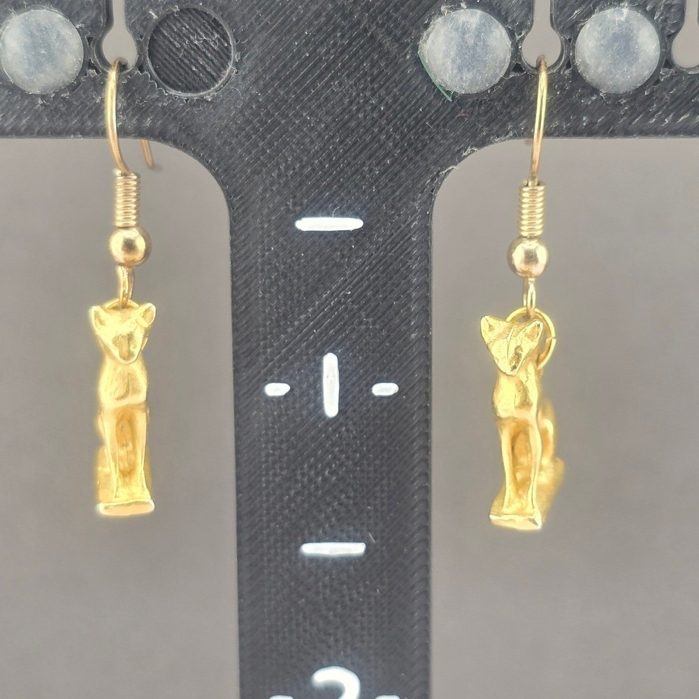 Vintage Estate Cat Drop Earrings Egyptian Gold Tone Feline Animal Dangle 1.25"